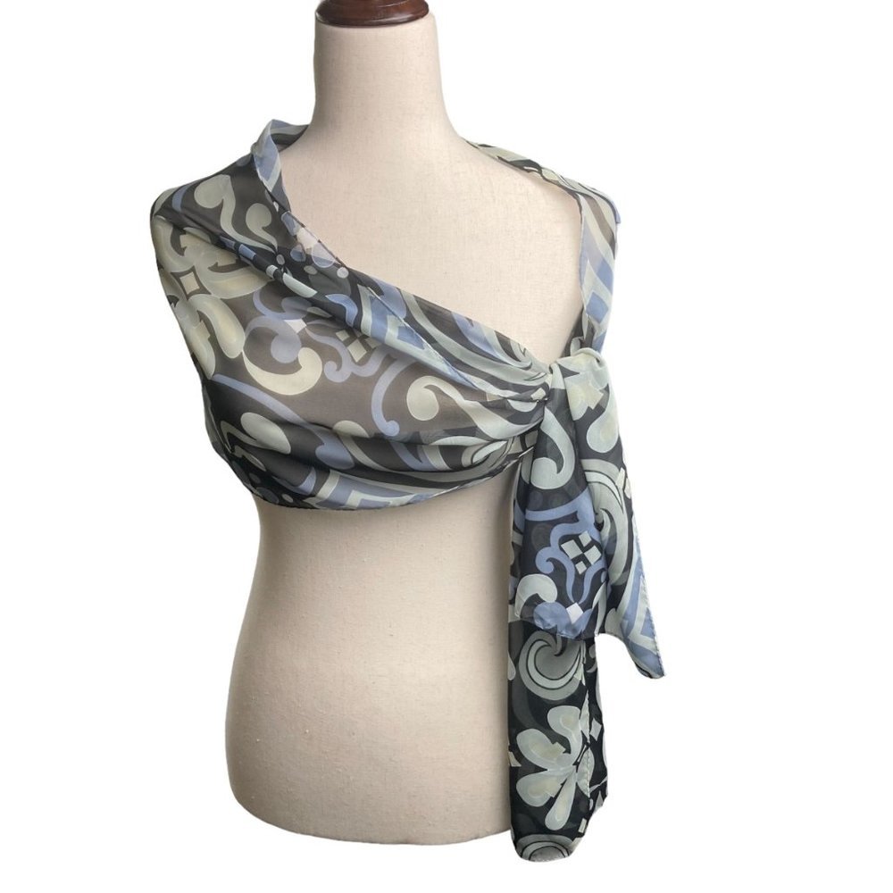 Isa & Stef Black White Blue Scroll Swirl Print Wrap Scarf 13” x‎ 63”